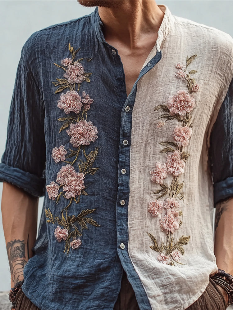 Japanese Floral Embroidery Two-Tone Zen Shirt – Premium Oversized Linen-Feel Shirt for Men (S–6XL)