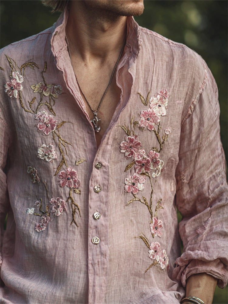 Japanese Blossom Embroidery Zen Linen Shirt – Premium Oversized Blush Pink Shirt for Men (S–6XL)