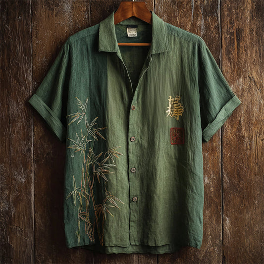 Japanese Bamboo Calligraphy Art Shirt – Premium Oversized Linen-Feel Shirt for Men (S–6XL)