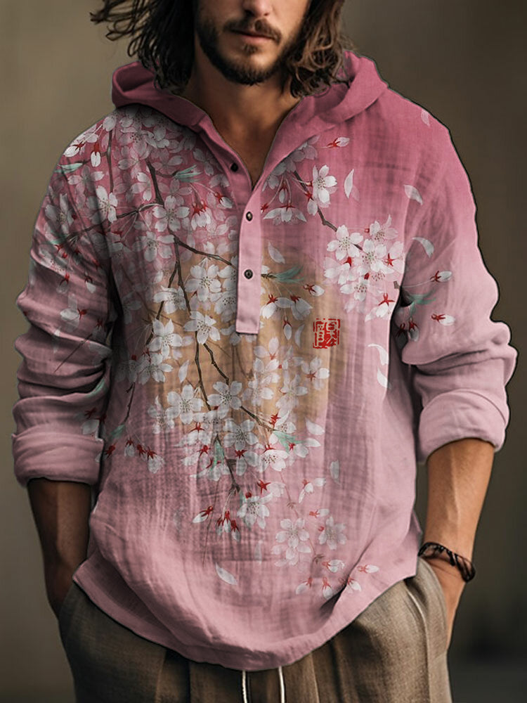 Japanese Floral Zen Hooded Shirt – Premium Oversized Linen-Feel Hoodie Shirt for Men (S–6XL)