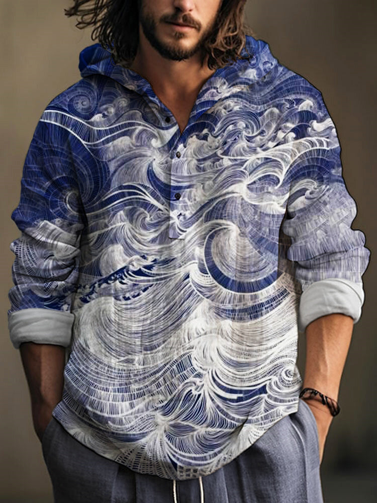 Premium Blue & White Artistic Wave Print Linen Cotton Ethnic Shirt for Men – Designer Ocean Pattern
