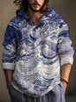 Premium Blue & White Artistic Wave Print Linen Cotton Ethnic Shirt for Men – Designer Ocean Pattern