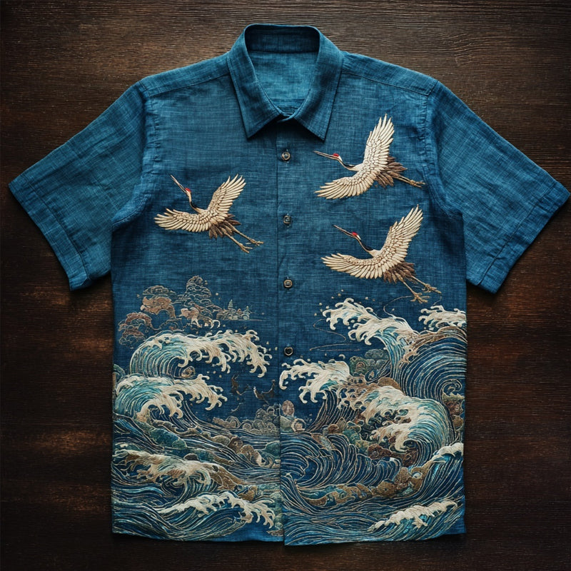 Japanese Crane Wave Art Shirt – Premium Oversized Indigo Shirt for Men (S–6XL)