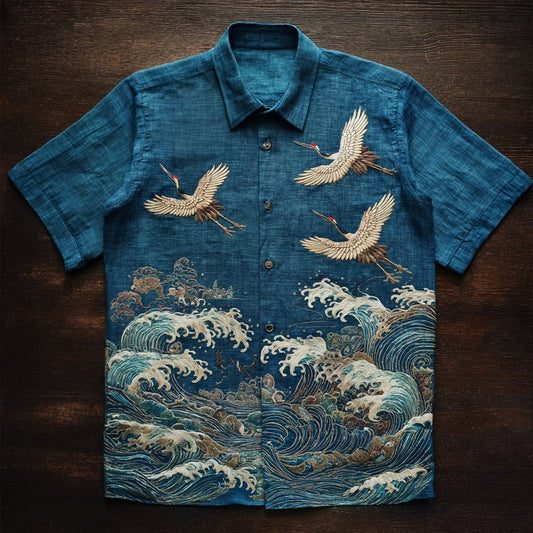 Japanese Crane Wave Art Shirt – Premium Oversized Indigo Shirt for Men (S–6XL)