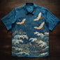 Japanese Crane Wave Art Shirt – Premium Oversized Indigo Shirt for Men (S–6XL)