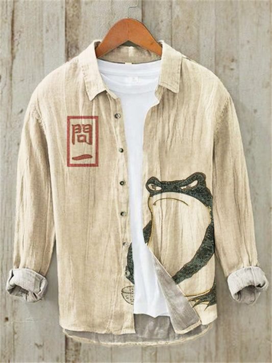 Japanese Zen Frog Art Overshirt – Premium Oversized Linen-Feel Shirt for Men (S–6XL)