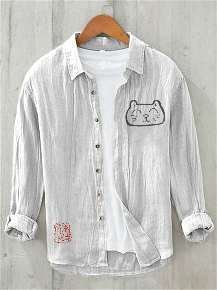 Japanese Zen Cat Art Overshirt – Premium Oversized Linen-Feel Shirt for Men (S–6XL)