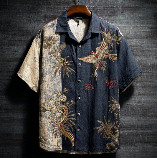 Japanese Crane Patchwork Art Shirt – Premium Oversized Button-Down Shirt for Men (S–6XL)