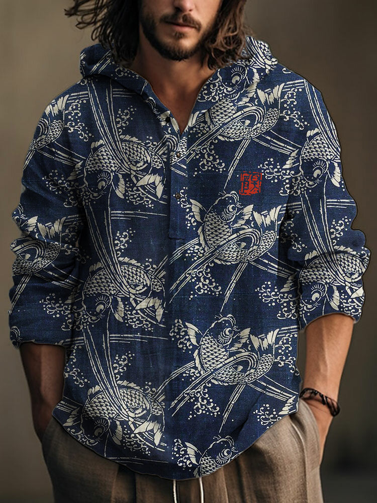 Japanese Koi Fish Zen Hooded Shirt – Premium Oversized Indigo Linen-Feel Hoodie Shirt for Men (S–6XL)