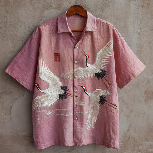 Japanese Crane Flight Art Shirt – Premium Oversized Pink Linen-Feel Shirt for Men (S–6XL)