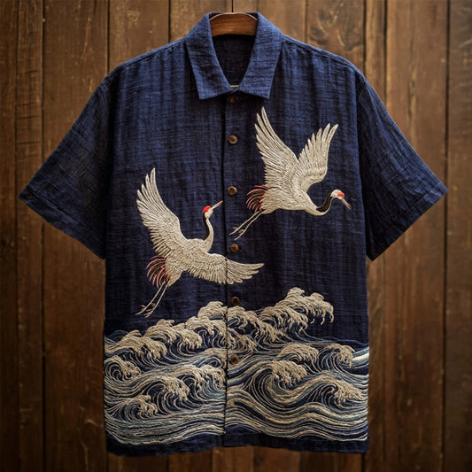 Japanese Crane Wave Heritage Art Shirt – Premium Oversized Indigo Shirt for Men (S–6XL)