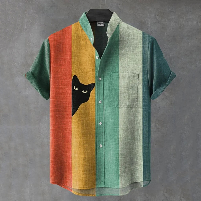 Abstract Cat Stripe Art Shirt – Premium Oversized Linen-Feel Shirt for Men (S–6XL)
