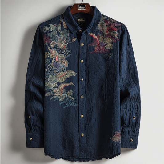 Japanese Dragon & Floral Heritage Art Shirt – Premium Oversized Indigo Linen-Feel Shirt for Men (S–6XL)