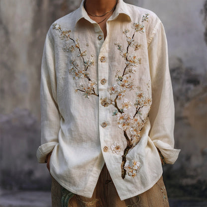 Japanese Blossom Embroidery Art Shirt – Premium Oversized Ivory Linen-Feel Shirt for Men (S–6XL)