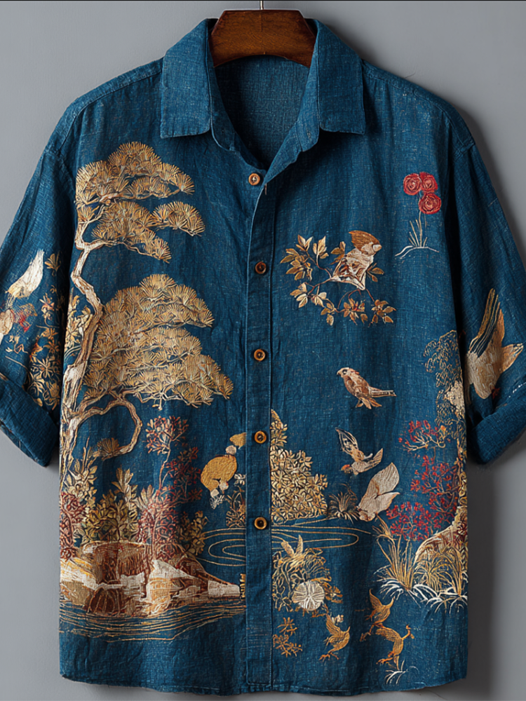 Japanese Nature Bird Art Shirt – Premium Oversized Blue Linen-Feel Shirt for Men (S–6XL)