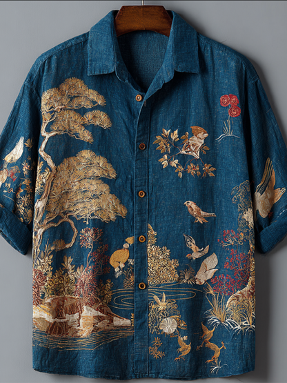 Japanese Nature Bird Art Shirt – Premium Oversized Blue Linen-Feel Shirt for Men (S–6XL)