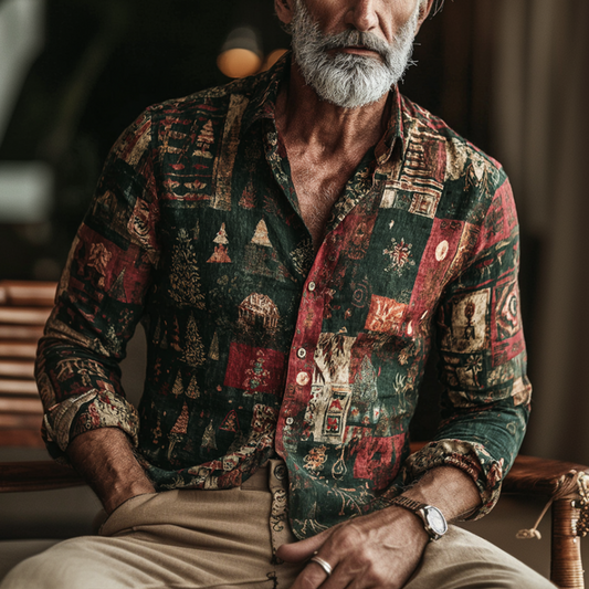 Heritage Patchwork Art Shirt – Premium Oversized Vintage Linen-Feel Shirt for Men (S–6XL)
