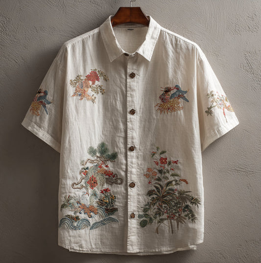 Japanese Heritage Bird & Nature Art Shirt – Premium Oversized Ivory Linen-Feel Shirt for Men (S–6XL)