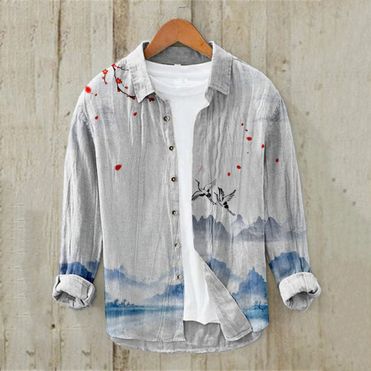 Japanese Ink Landscape Zen Overshirt – Premium Oversized Linen-Feel Shirt for Men (S–6XL)