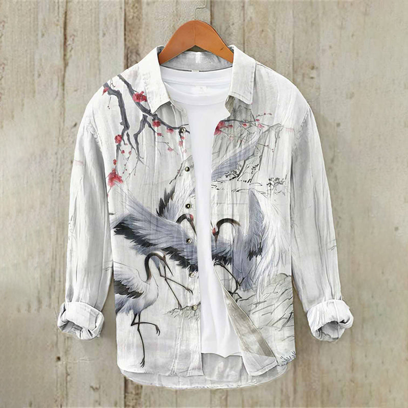 Japanese Crane Ink Art Zen Overshirt – Premium Oversized White Linen-Feel Shirt for Men (S–6XL)
