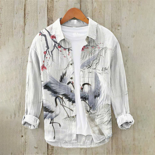 Japanese Crane Ink Art Zen Overshirt – Premium Oversized White Linen-Feel Shirt for Men (S–6XL)