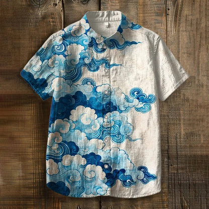 Japanese Cloud Wave Art Shirt – Premium Oversized Linen-Feel Shirt for Men (S–6XL)