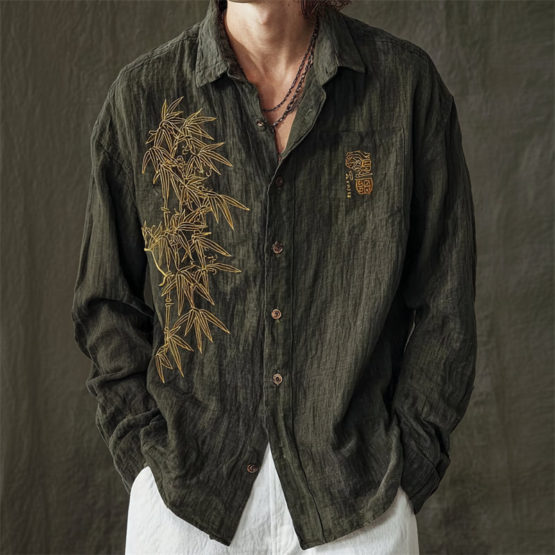 Japanese Bamboo Embroidery Zen Shirt – Premium Oversized Olive Linen-Feel Shirt for Men (S–6XL)