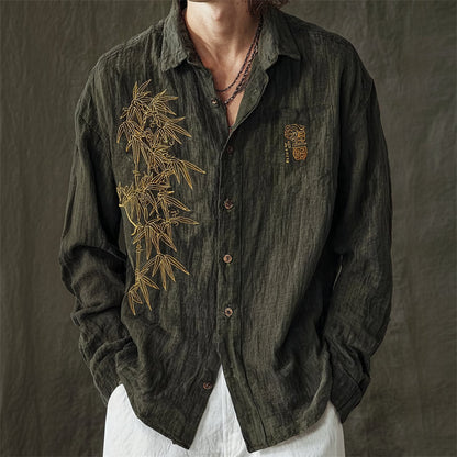 Japanese Bamboo Embroidery Zen Shirt – Premium Oversized Olive Linen-Feel Shirt for Men (S–6XL)