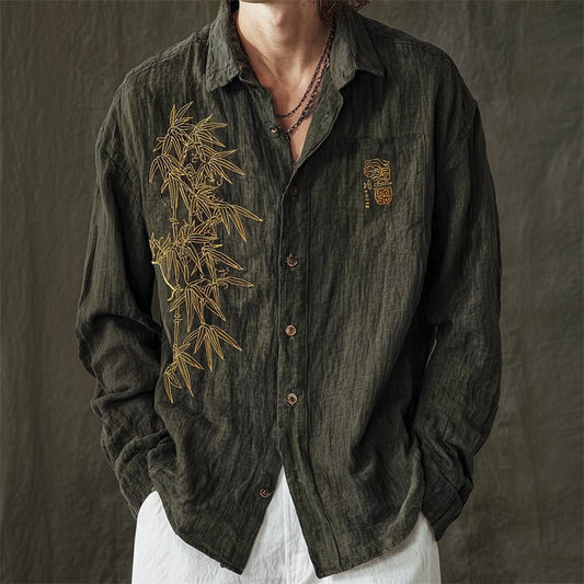 Japanese Bamboo Embroidery Zen Shirt – Premium Oversized Olive Linen-Feel Shirt for Men (S–6XL)
