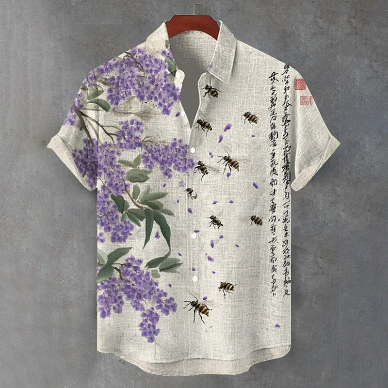 Japanese Floral Calligraphy Art Shirt – Premium Oversized Linen-Feel Shirt for Men (S–6XL)