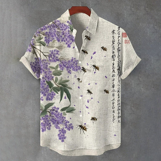 Japanese Floral Calligraphy Art Shirt – Premium Oversized Linen-Feel Shirt for Men (S–6XL)