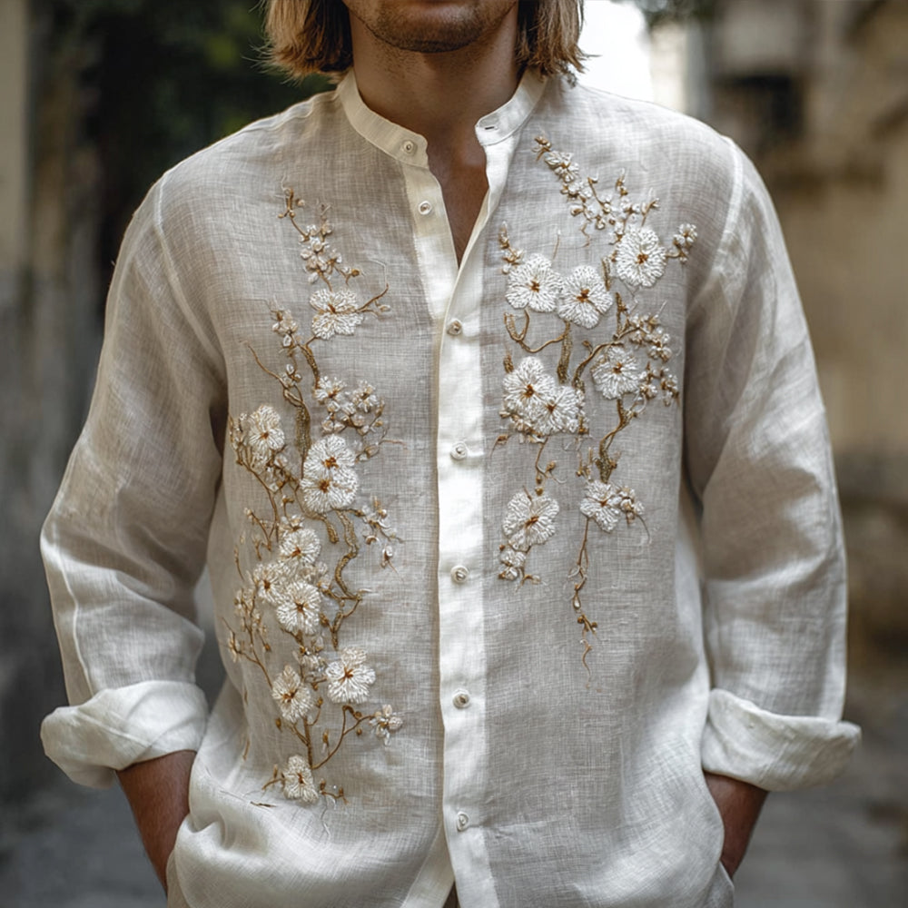 Premium White Embroidered Linen Cotton Ethnic Shirt for Men – Floral Handwork Design