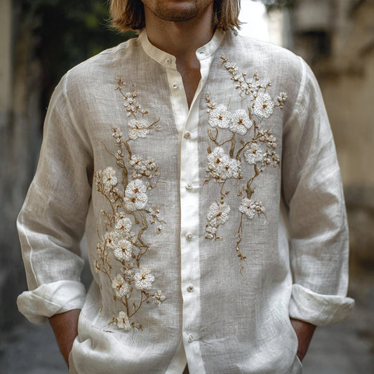 Premium White Embroidered Linen Cotton Ethnic Shirt for Men – Floral Handwork Design