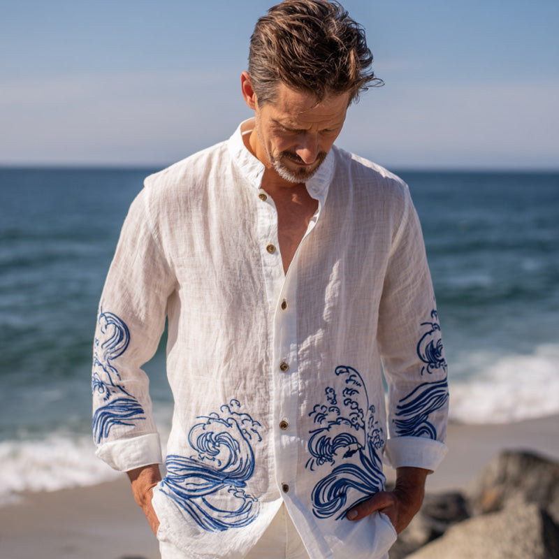 Japanese Ocean Wave Zen Linen Shirt – Premium Oversized White Coastal Shirt for Men (S–6XL)