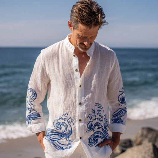 Japanese Ocean Wave Zen Linen Shirt – Premium Oversized White Coastal Shirt for Men (S–6XL)