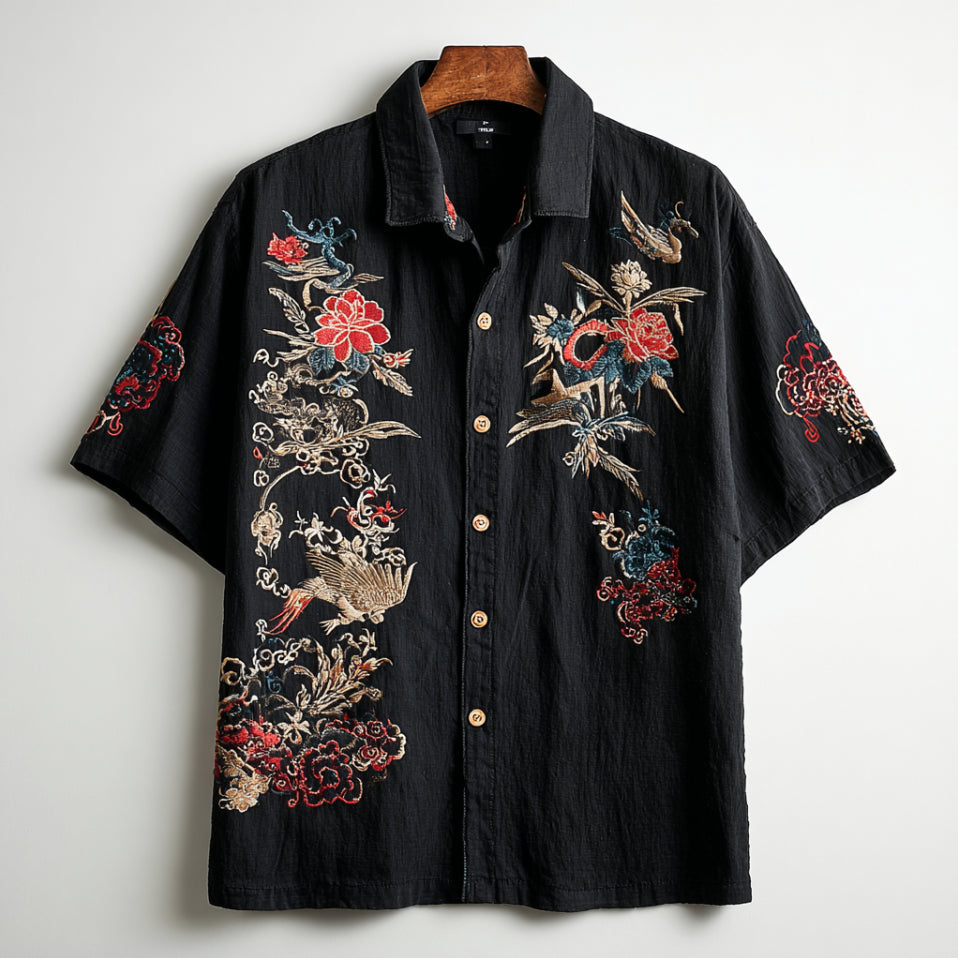 Japanese Floral Bird Embroidery Art Shirt – Premium Oversized Black Shirt for Men (S–6XL)