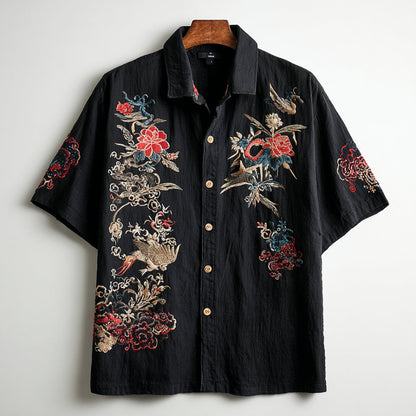 Japanese Floral Bird Embroidery Art Shirt – Premium Oversized Black Shirt for Men (S–6XL)