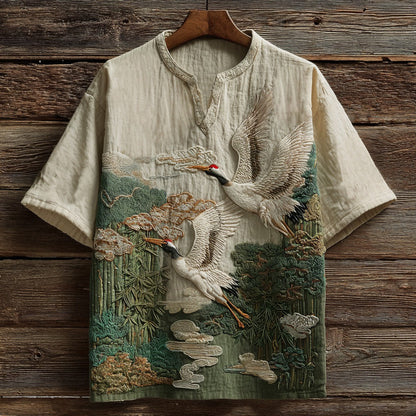 Japanese Crane Bamboo Art Shirt – Premium Ethnic Oversized Shirt for Men (S–6XL)
