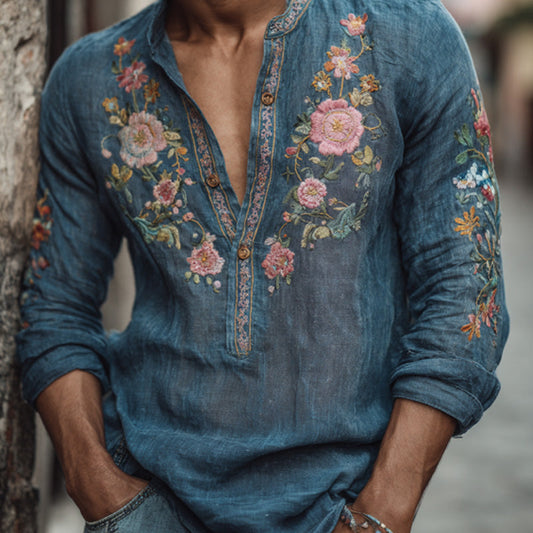 Premium Teal Blue Floral Embroidered Linen Cotton Ethnic Kurta Shirt for Men – Designer Handwork