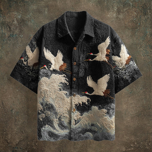 Japanese Crane Wave Print Shirt – Premium Oversized Art Shirt for Men (S–6XL)