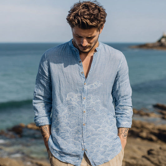 Japanese Ocean Wave Zen Shirt – Premium Oversized Sky Blue Linen-Feel Shirt for Men (S–6XL)