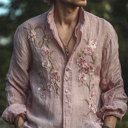 Japanese Blossom Embroidery Zen Linen Shirt – Premium Oversized Blush Pink Shirt for Men (S–6XL)