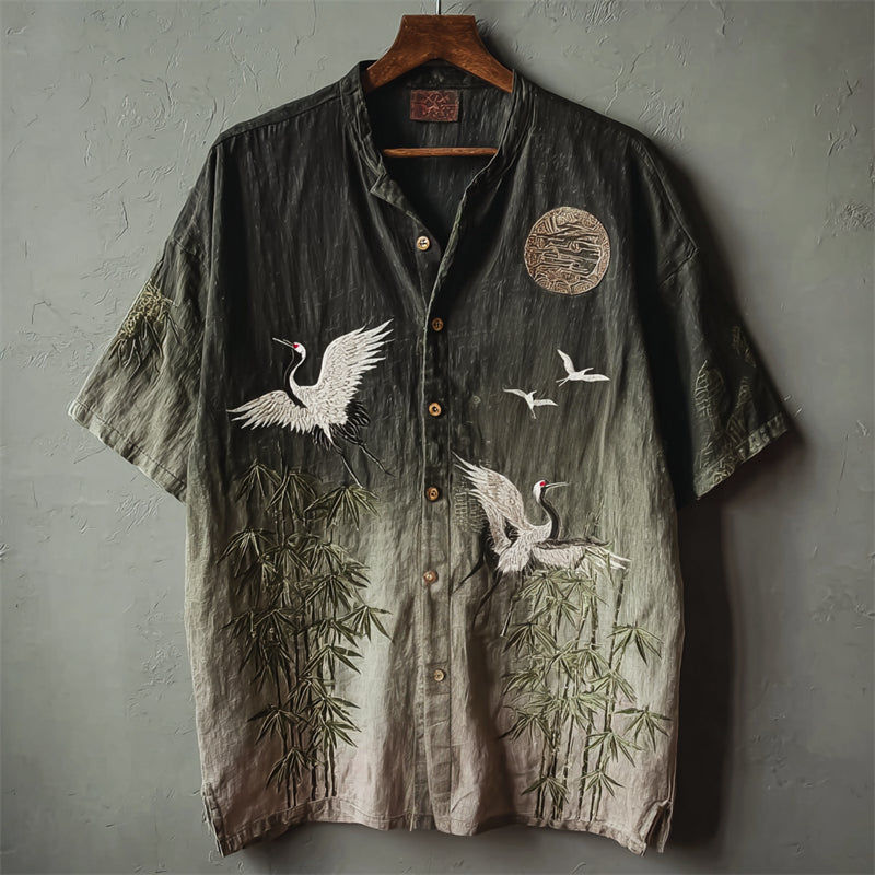Japanese Crane Bamboo Ombre Art Shirt – Premium Oversized Linen-Feel Shirt for Men (S–6XL)
