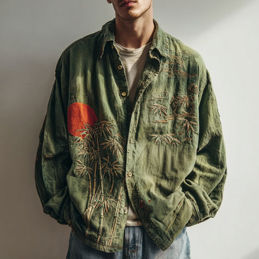 Japanese Bamboo Rising Sun Zen Overshirt – Premium Oversized Olive Linen-Feel Shirt Jacket for Men (S–6XL)
