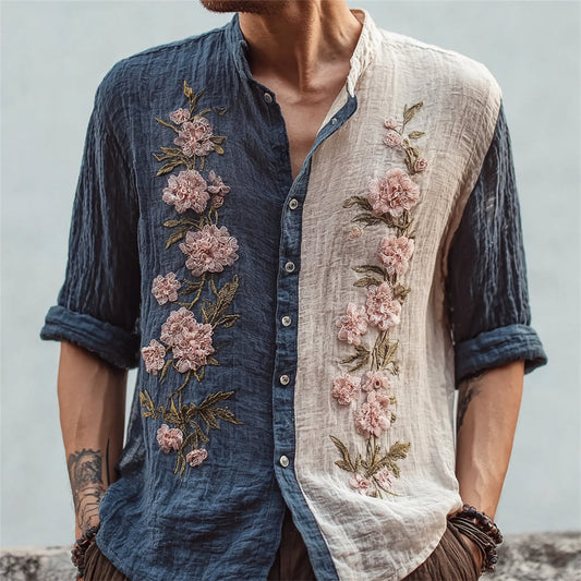 Japanese Floral Embroidery Two-Tone Zen Shirt – Premium Oversized Linen-Feel Shirt for Men (S–6XL)