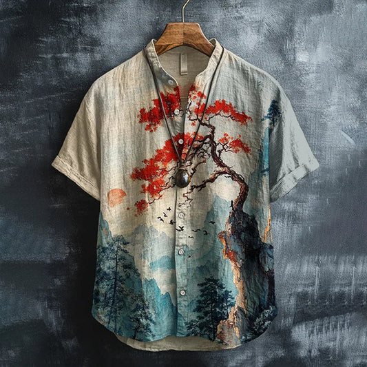 Japanese Landscape Tree Art Shirt – Premium Mandarin Collar Oversized Shirt for Men (S–6XL)