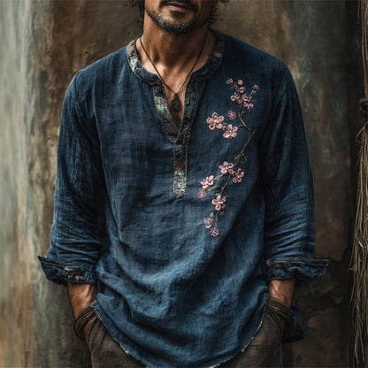 Japanese Blossom Zen Kurta Shirt – Premium Oversized Indigo Linen-Feel Shirt for Men (S–6XL)