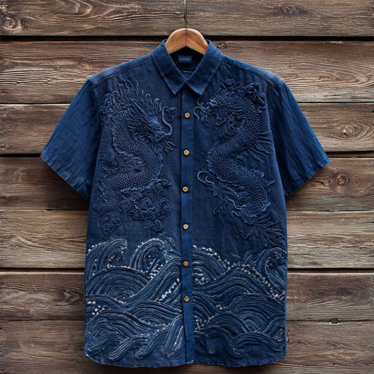 Japanese Dragon Wave Embroidery Art Shirt – Premium Oversized Blue Shirt for Men (S–6XL)