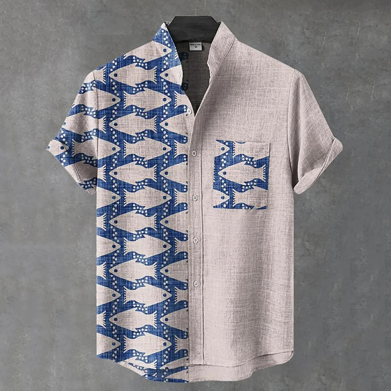 Japanese Fish Patchwork Art Shirt – Premium Oversized Linen-Feel Shirt for Men (S–6XL)