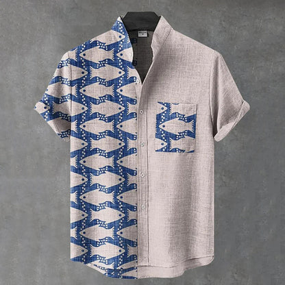 Japanese Fish Patchwork Art Shirt – Premium Oversized Linen-Feel Shirt for Men (S–6XL)